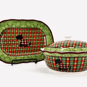 NWOT 2-Pc. Christmas Argyle Scotty by 222 FIFTH Platter & Dish Serving Set